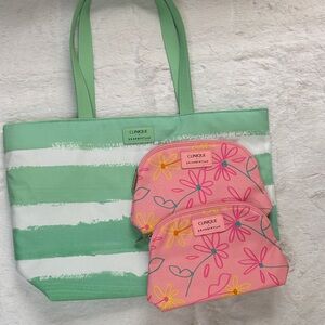 Clinique Mint Green Striped Tote with Pink Floral Pouches - 3 Pieces